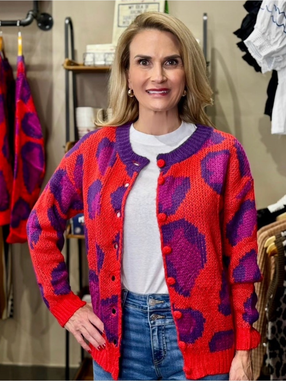 UMGEE Bold Red & Purple Patterned Women's Cardigan Sweater